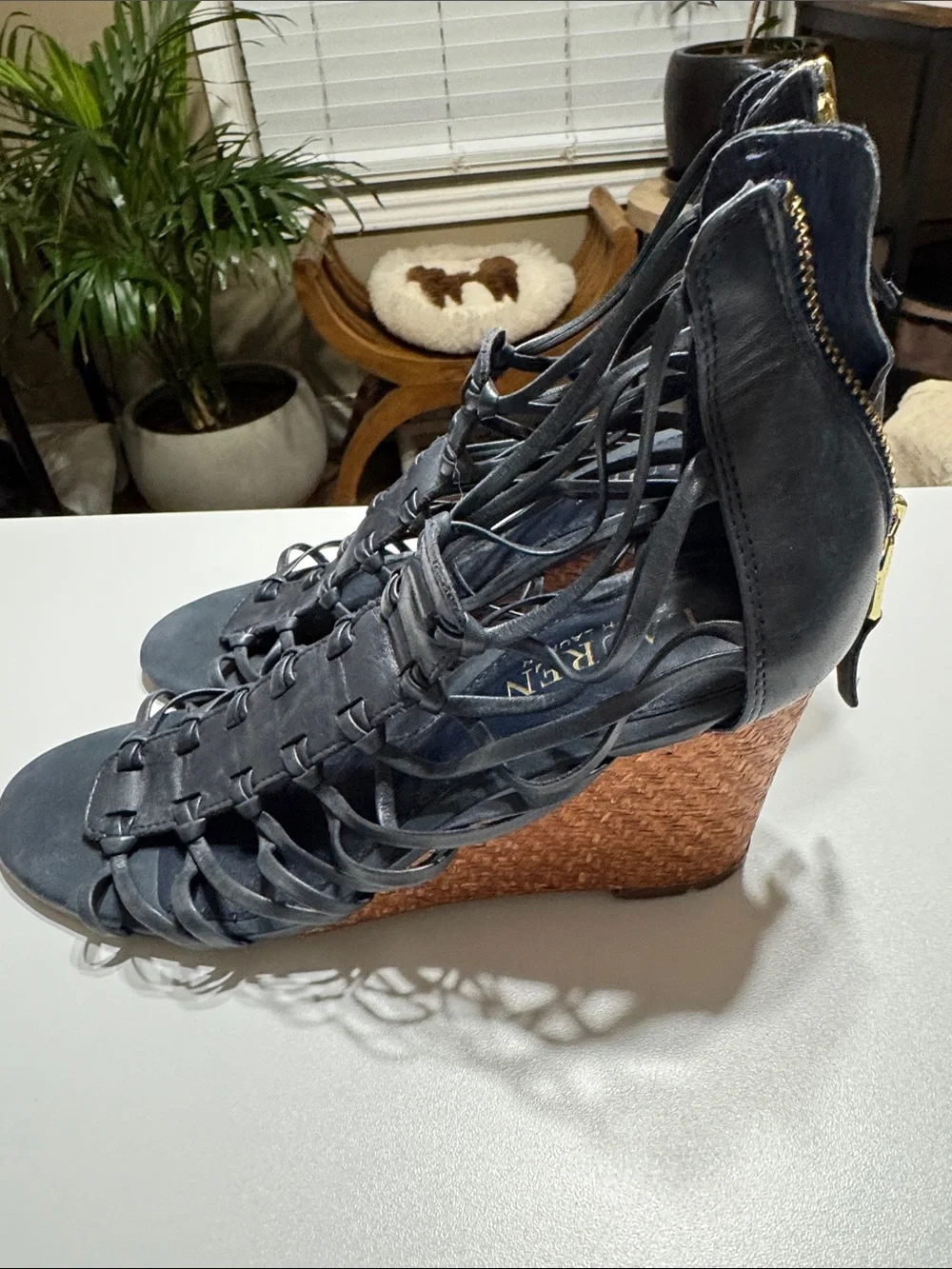 Lauren Ralph Lauren Navy Leather Lace-Up Wedge Sandals with Brown Woven Heel